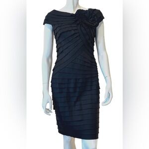Tadashi Shoji Black Pleated Rosette Sheath Dress Size 4